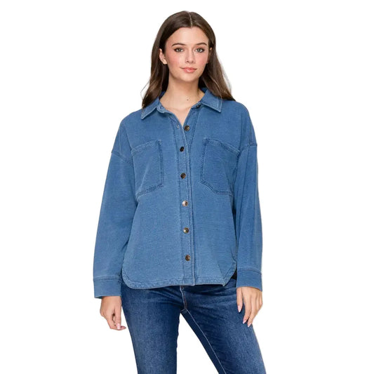 Women's Denim Terry Collared Long Sleeve Button-Down Top IJ-10035