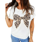 Women's White Leopard Bow Embroidered Cotton Round Neck T-shirt 