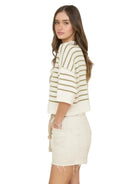 Women's Stripe Raw Edge Drop Shoulder Short Sleeve Sweater J6ST1036