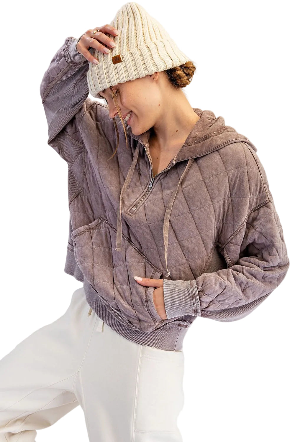 Rae Mode Women's Mocha Mineral Washed Quilt Quarter Zip Hoodie 