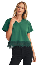 Jodifl Women's Lace Patch Hem Detail Solid Top 