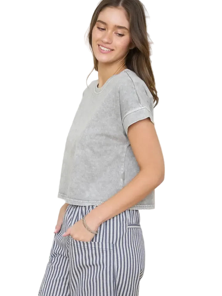 Women's Washed Short Sleeve Boxy Knit Top J5FP1005-T