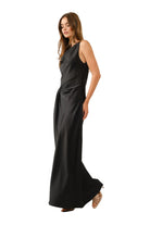Women's Black Satin Cowl Neck Knot Detail Maxi Dress