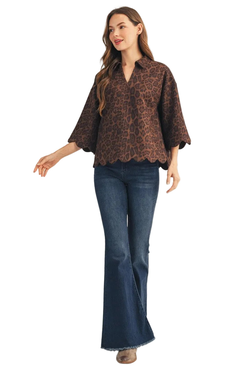 Jodifl Women's Leopard Scallop Edge Detail Leopard Suede Top 