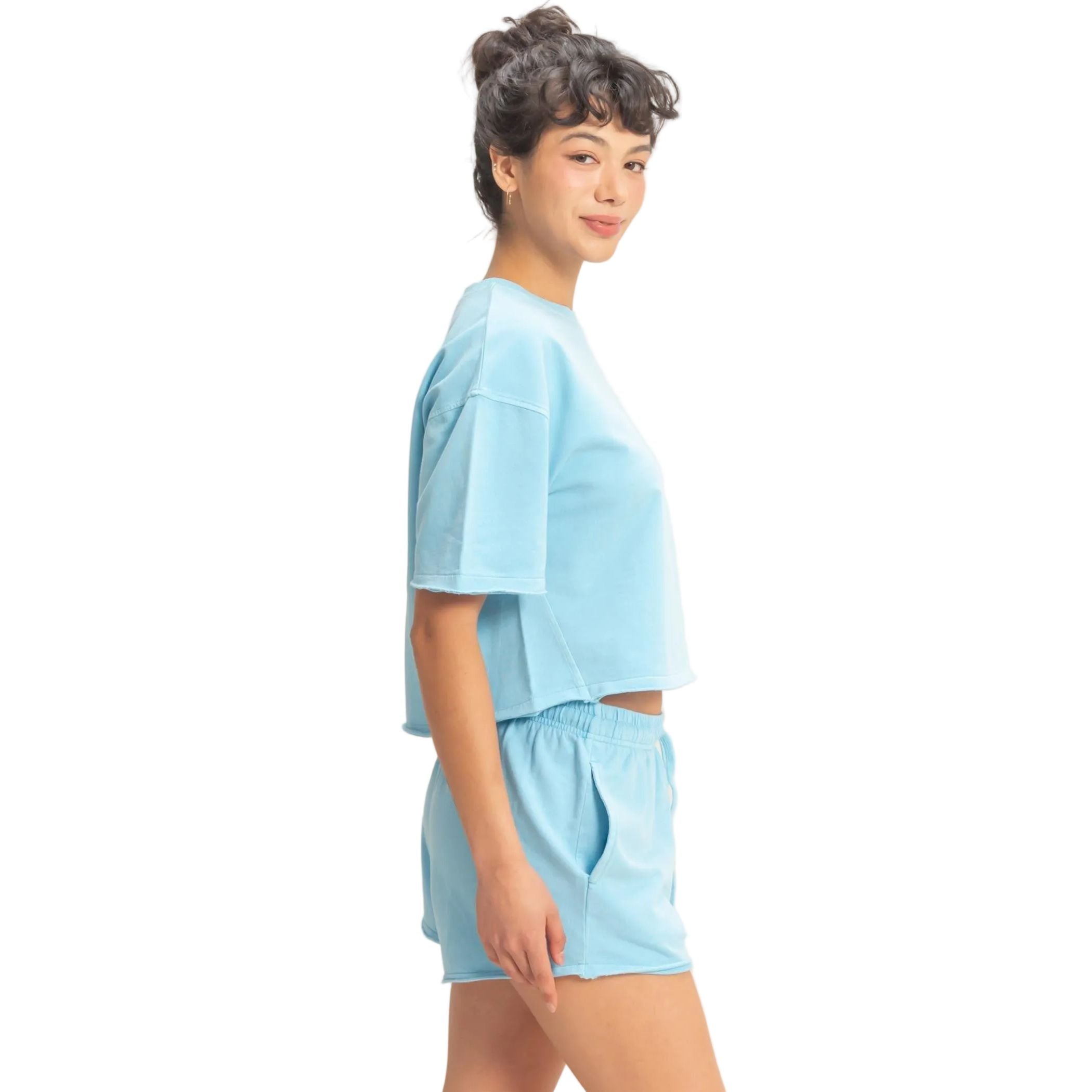 Women's Blue Short Sleeve Crew Neck Top And Shorts Set DZ26C668-SET