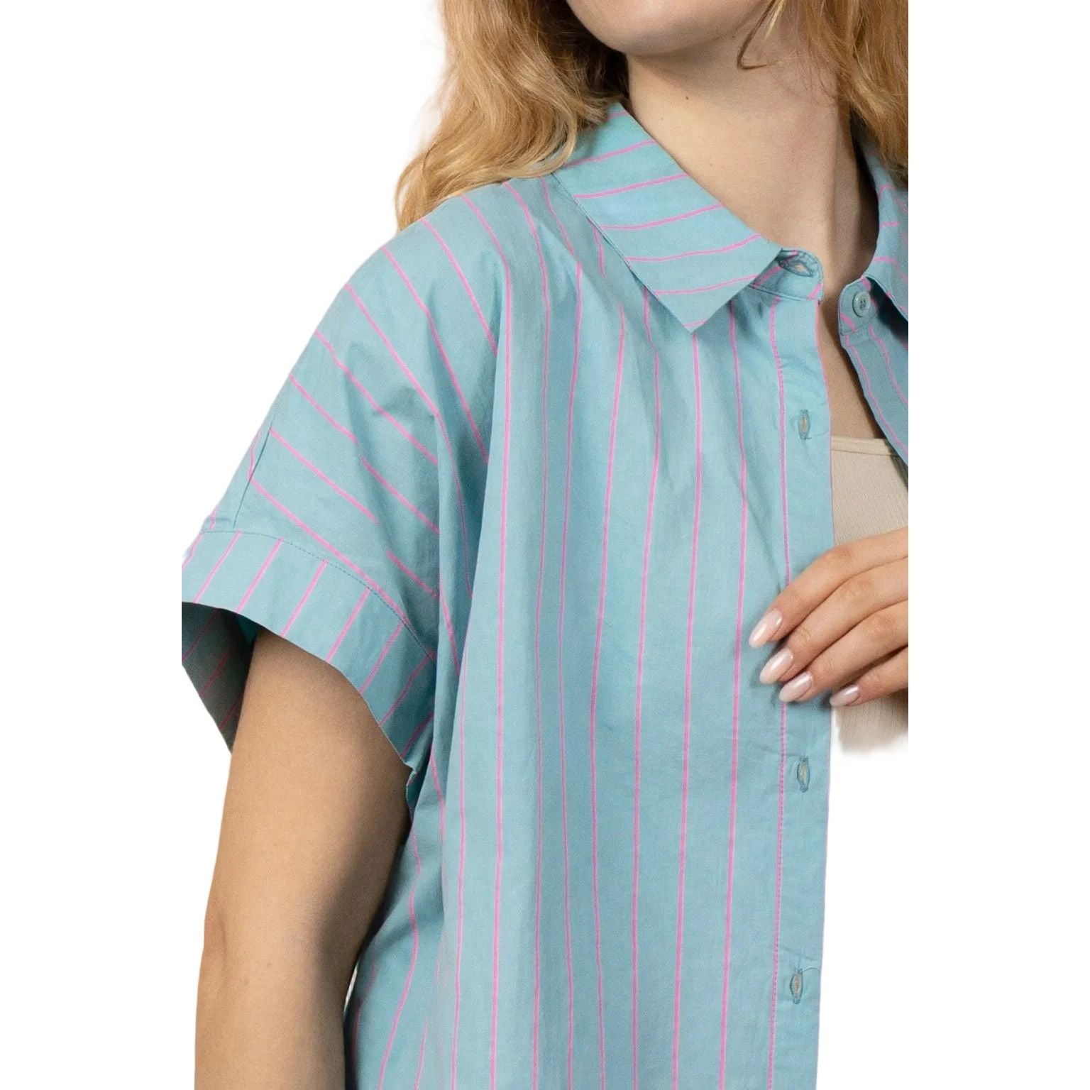 Women's Mint Striped Oversized Striped Button Down Casual Shirt Top NT12495
