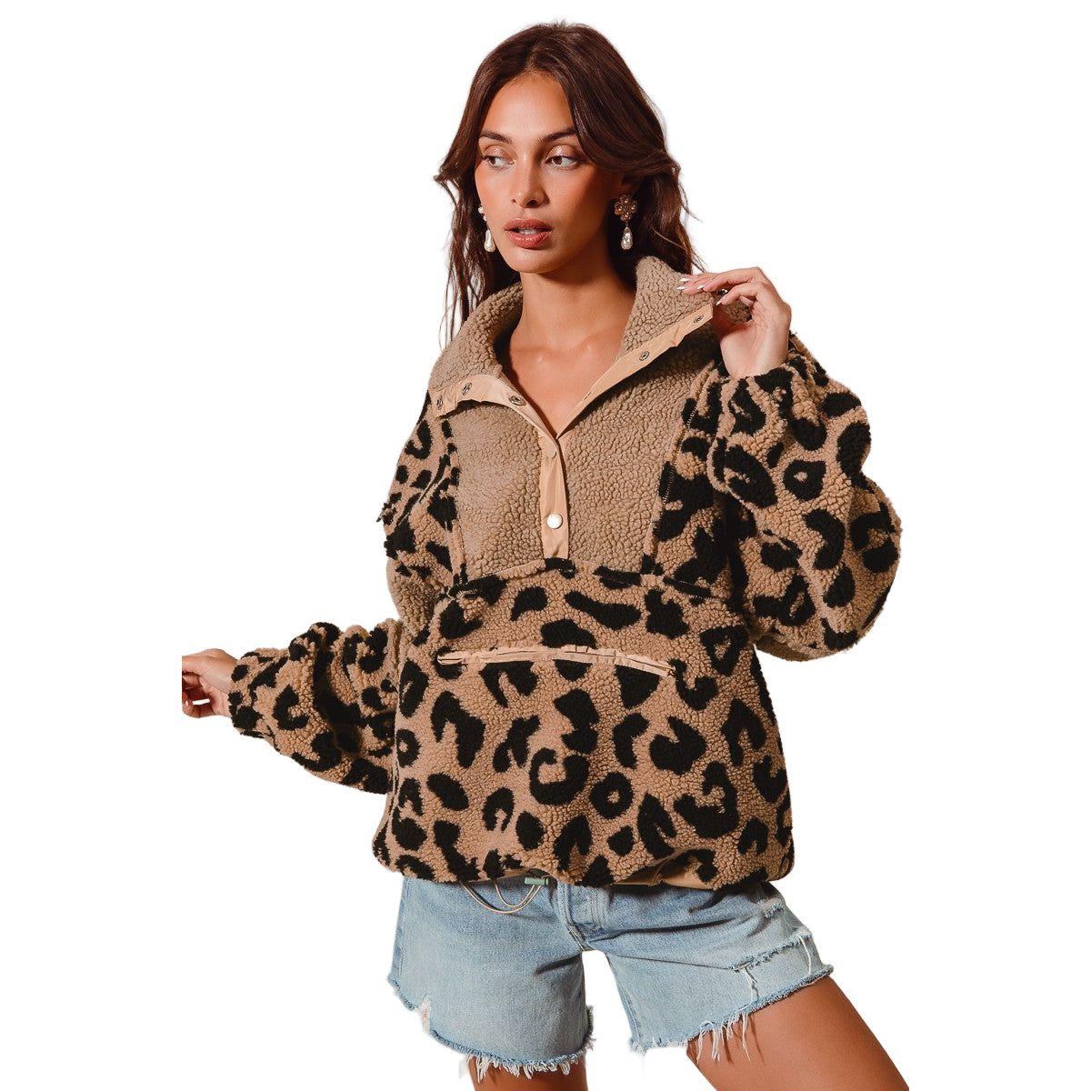Women's Leopard Fleece Block Pullover Top With Pockets 