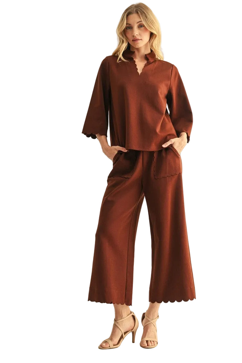 Jodifl Women's Brown Scallop Edge Solid Dressy Pants 