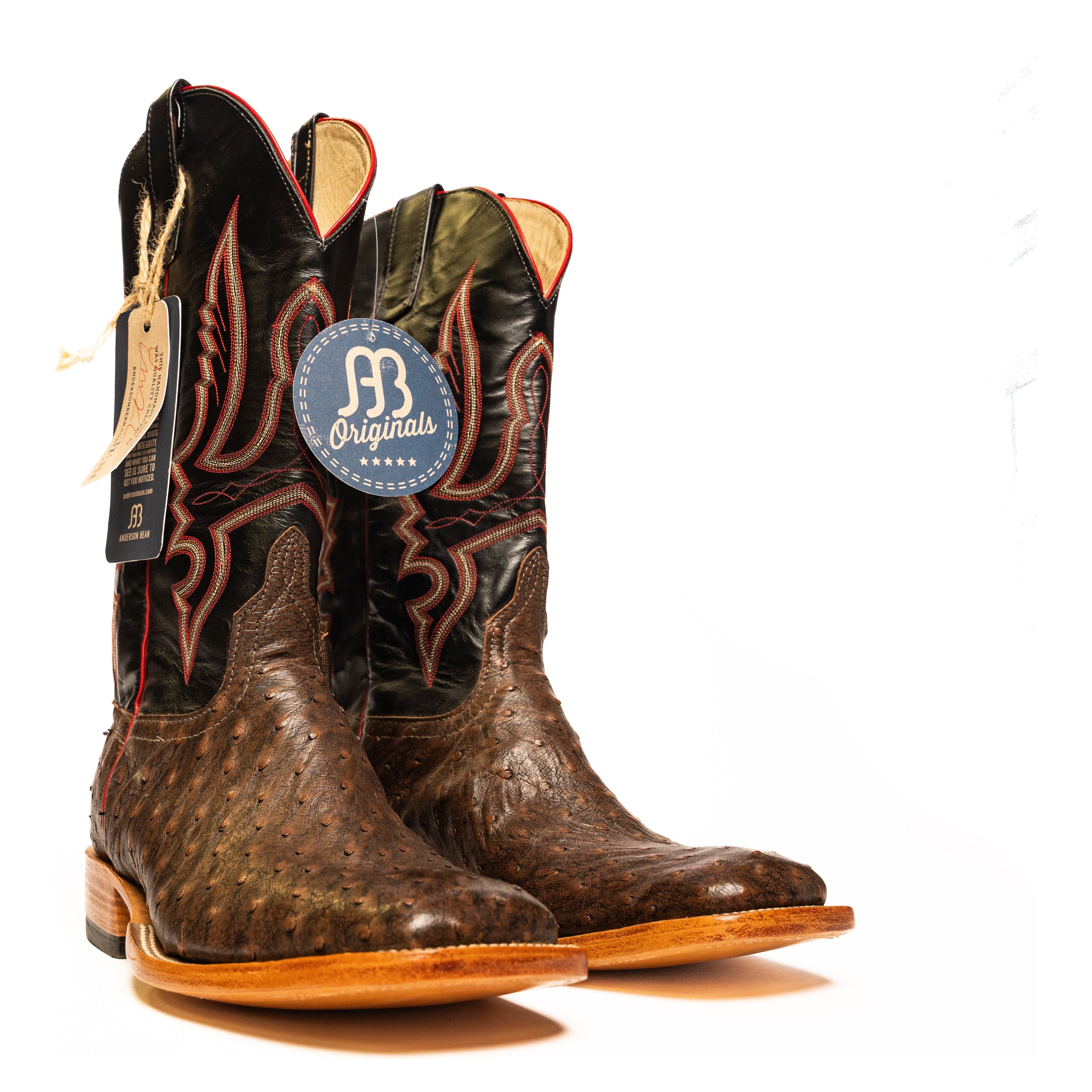 Anderson Bean Kango Tobacco Full Quill Ostrich with 13" Black Glove Top - Crazy House Western Wear