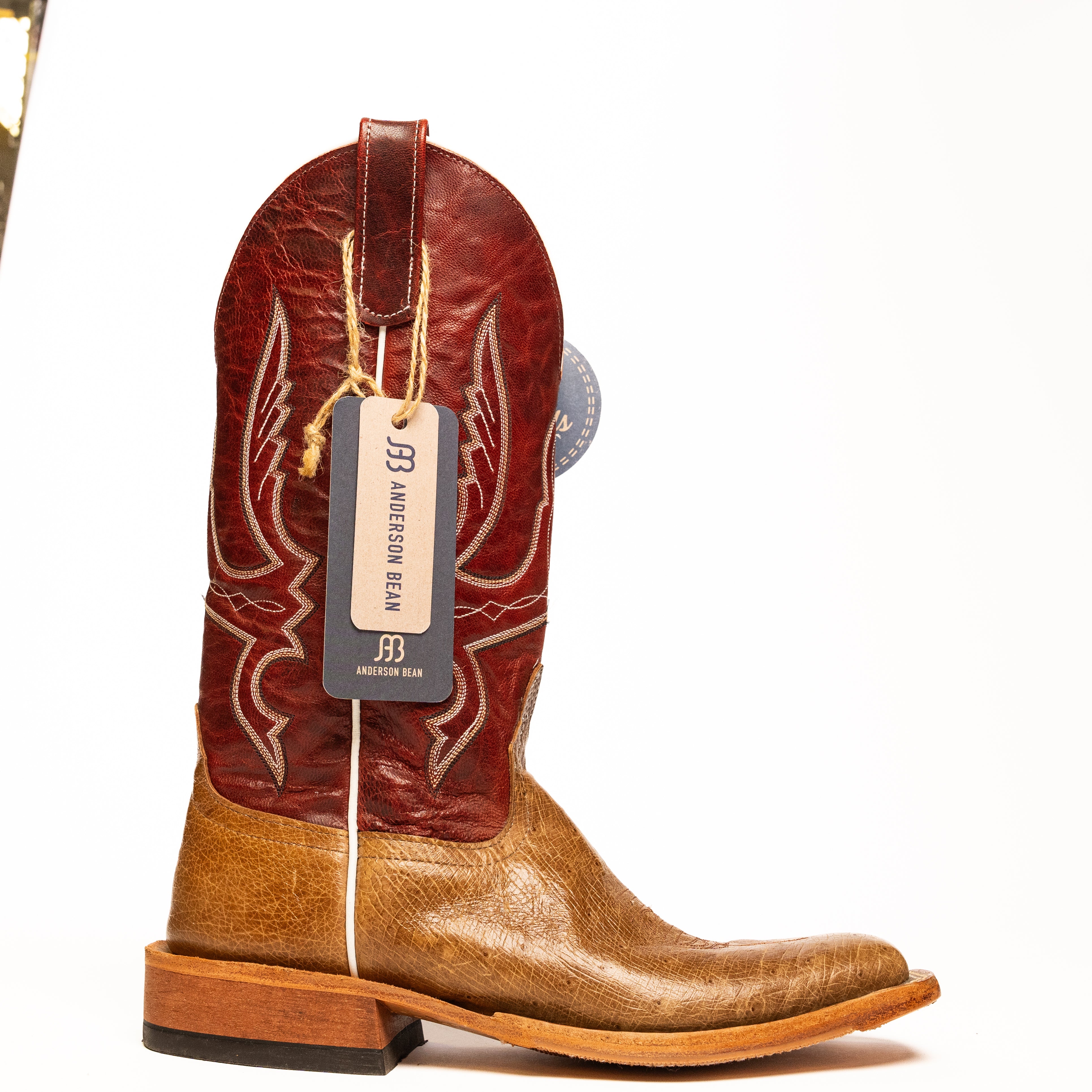 Anderson Bean Rum Glazed Smooth Ostrich with 13" Red Explosion Top - Crazy House Western Wear