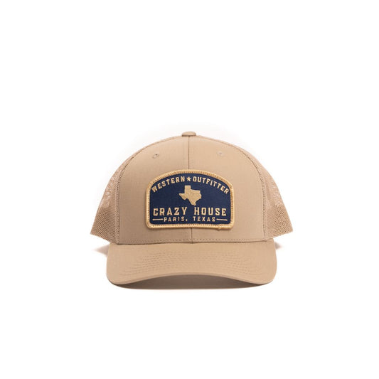 Crazy House Unisex Khaki Snapback with Navy Outfitter Patch - Crazy House Western Wear