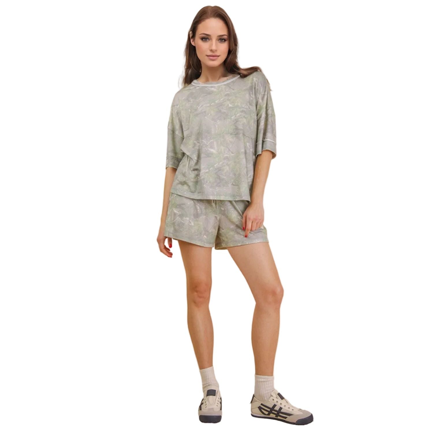 Women's Camo Print Casual Knit Top and Shorts Set NT12458SET