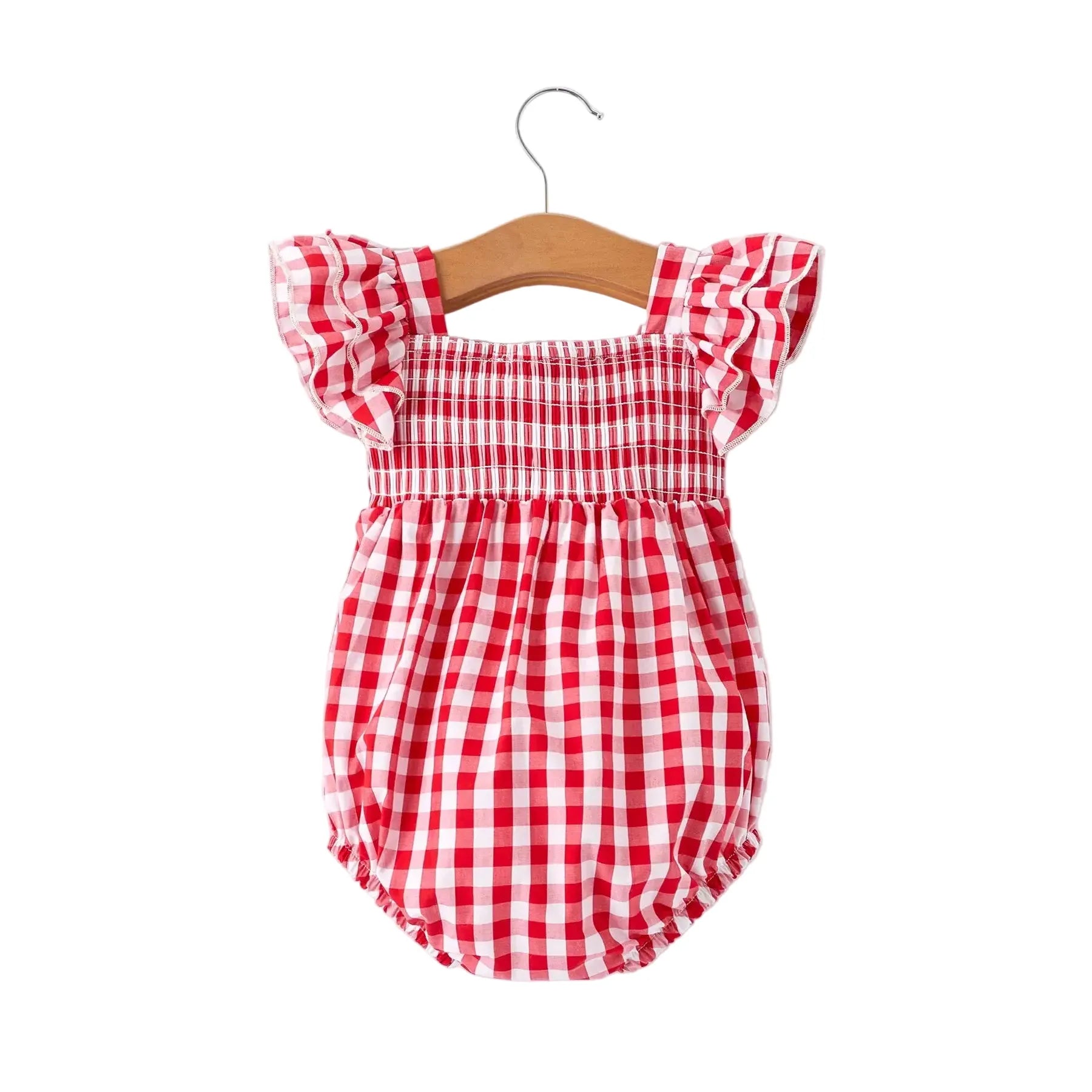 Girl's Summer Plaid Smocked Ruffle Sleeves Onesie 