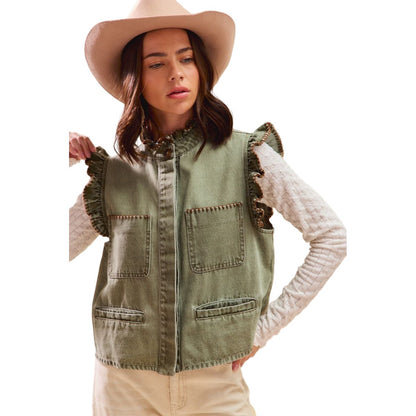 Women's Olive Washed Denim Stitch Ruffled Hidden Button Vest Top