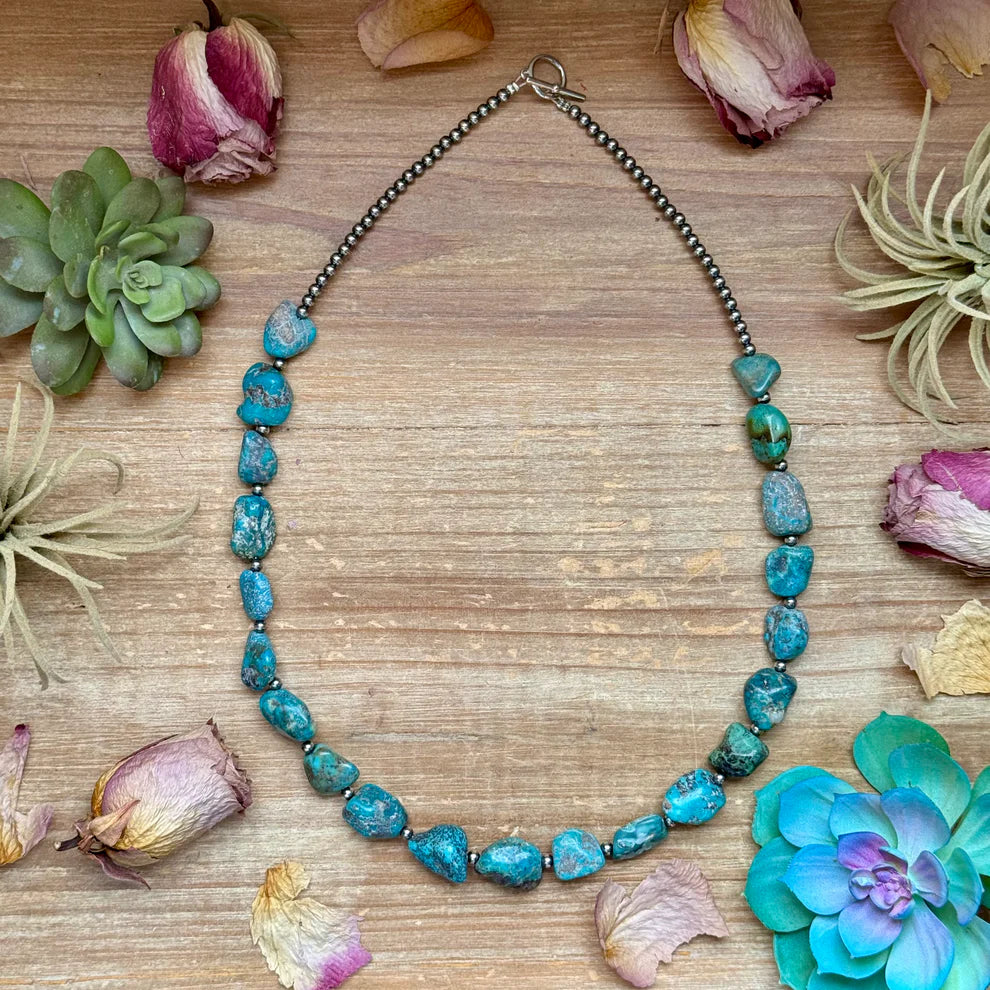 Bijoux Fab Blue Turquoise Nugget Necklace - Sterling Silver- 24" NEC-STE-045-TUR
