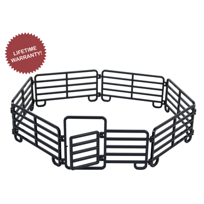 Black metal pet playpen with a red 'Lifetime Warranty!' badge on a white background