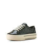 Black sneaker with white laces on a white background