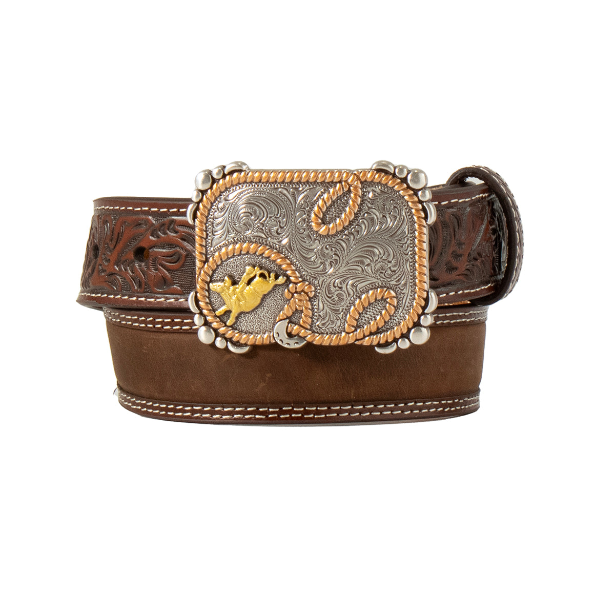 Boy's 3D Brown 100% Leather Belt with Embossed Scrolling Billets D120004202