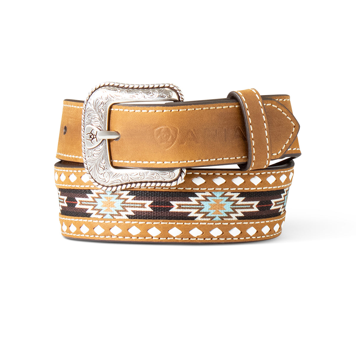 Boy's Ariat Brown Genuine Leather Belt with Southwest Fabric Inlay A1308002