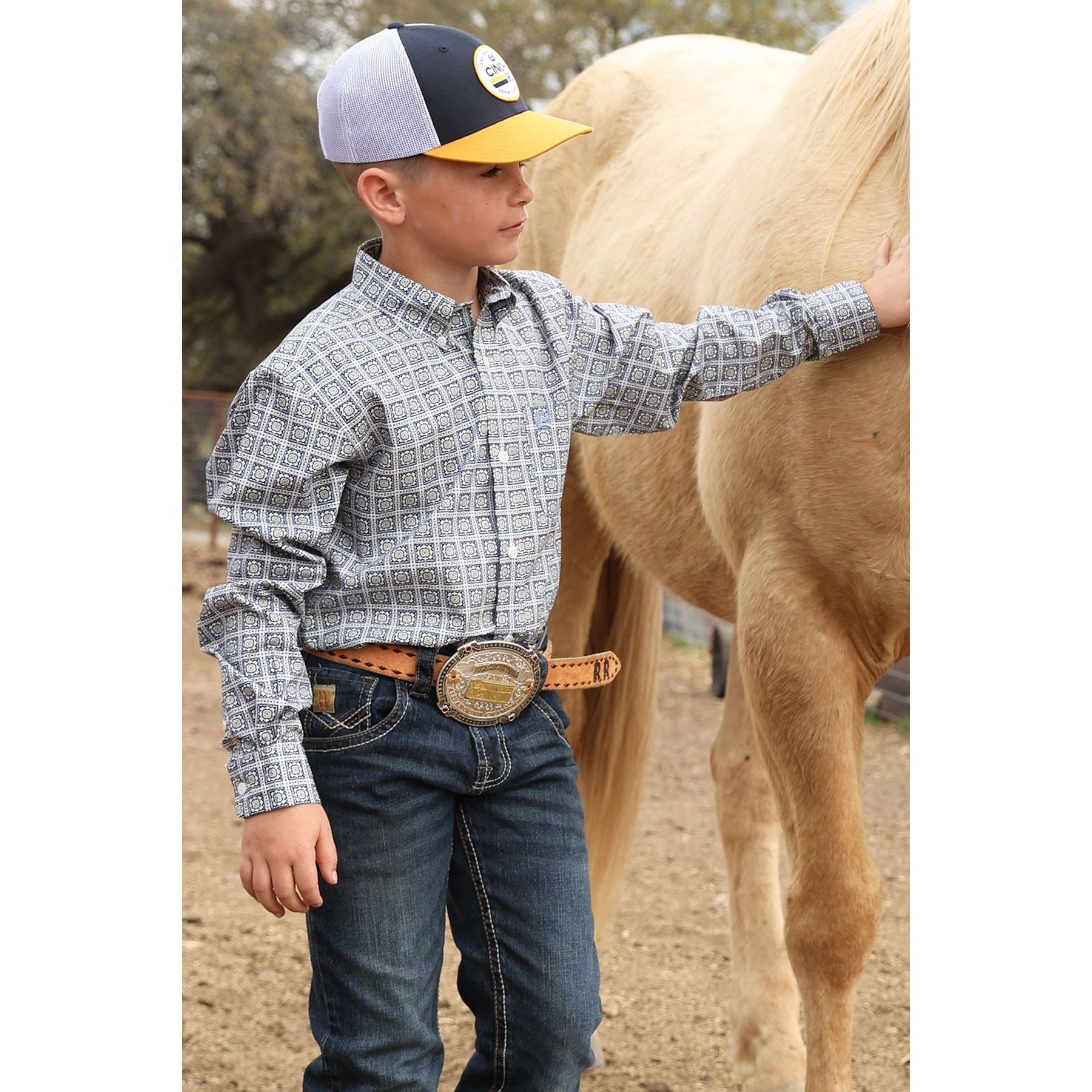 Boy's Cinch White Geometric Print Button Down Shirt MTW7060413