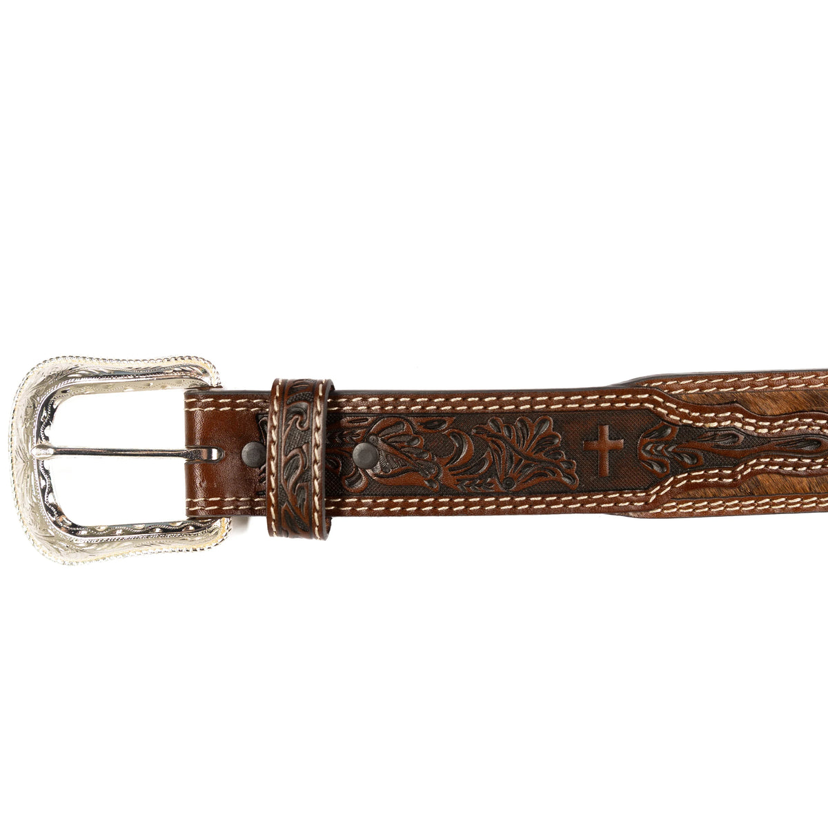Real leather cowboy belt 
Brown belt with silver buckle Tan leather western belt with silver metal buckle engraved  main image 2