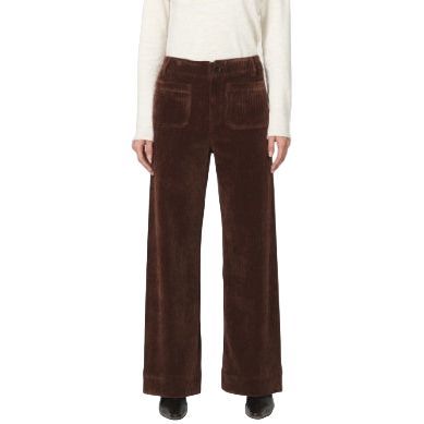Brown corduroy pants worn by a person on a white background