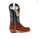 Brown cowboy boot with a black and white pattern on a white background