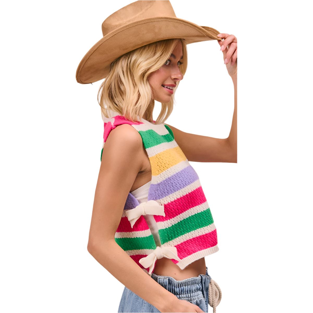 Women's Color Block Stripes Side Tied Sweater Vest IT3515-11