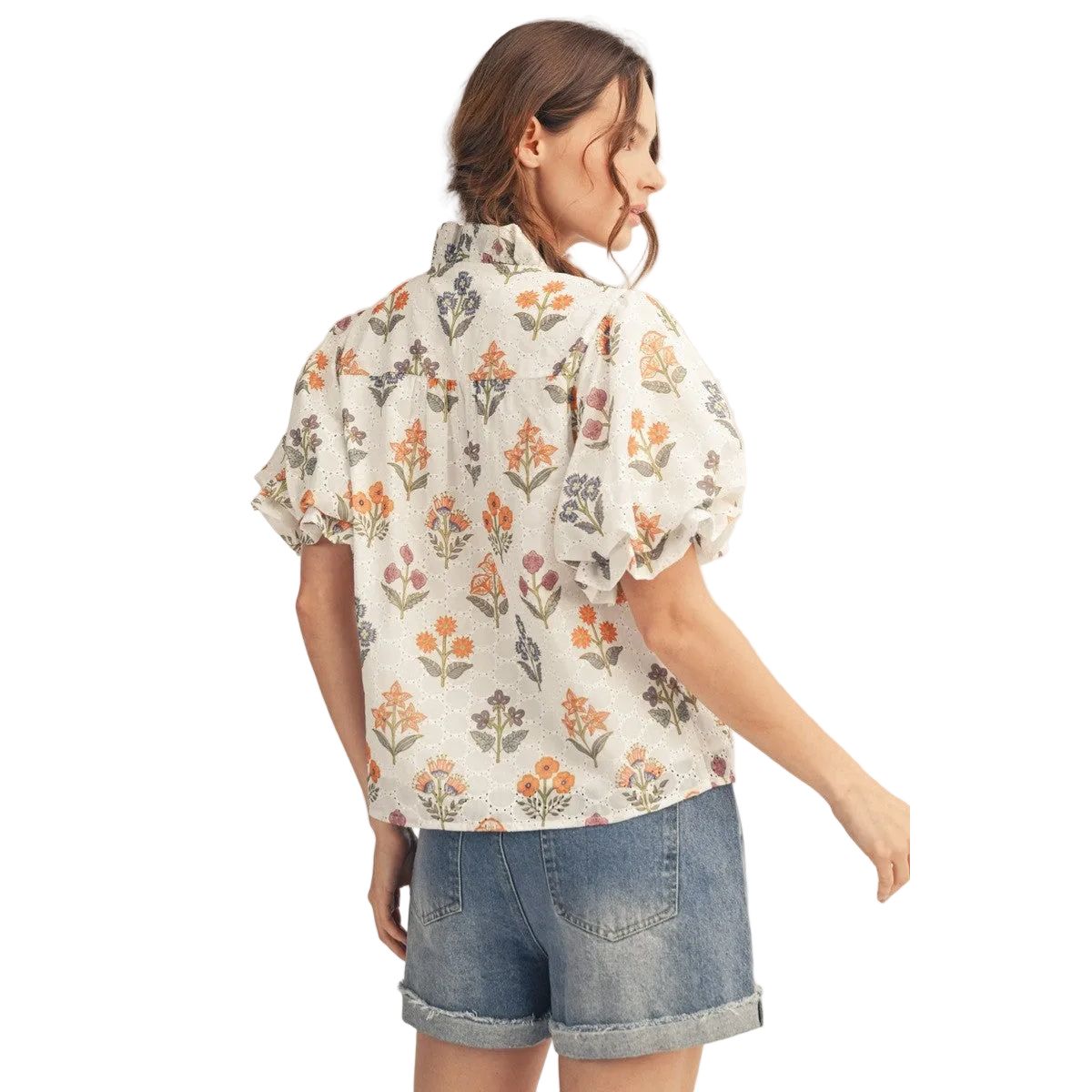 Women's Honey Mustard Ruffle Detail Floral Print Eyelet Top G15471