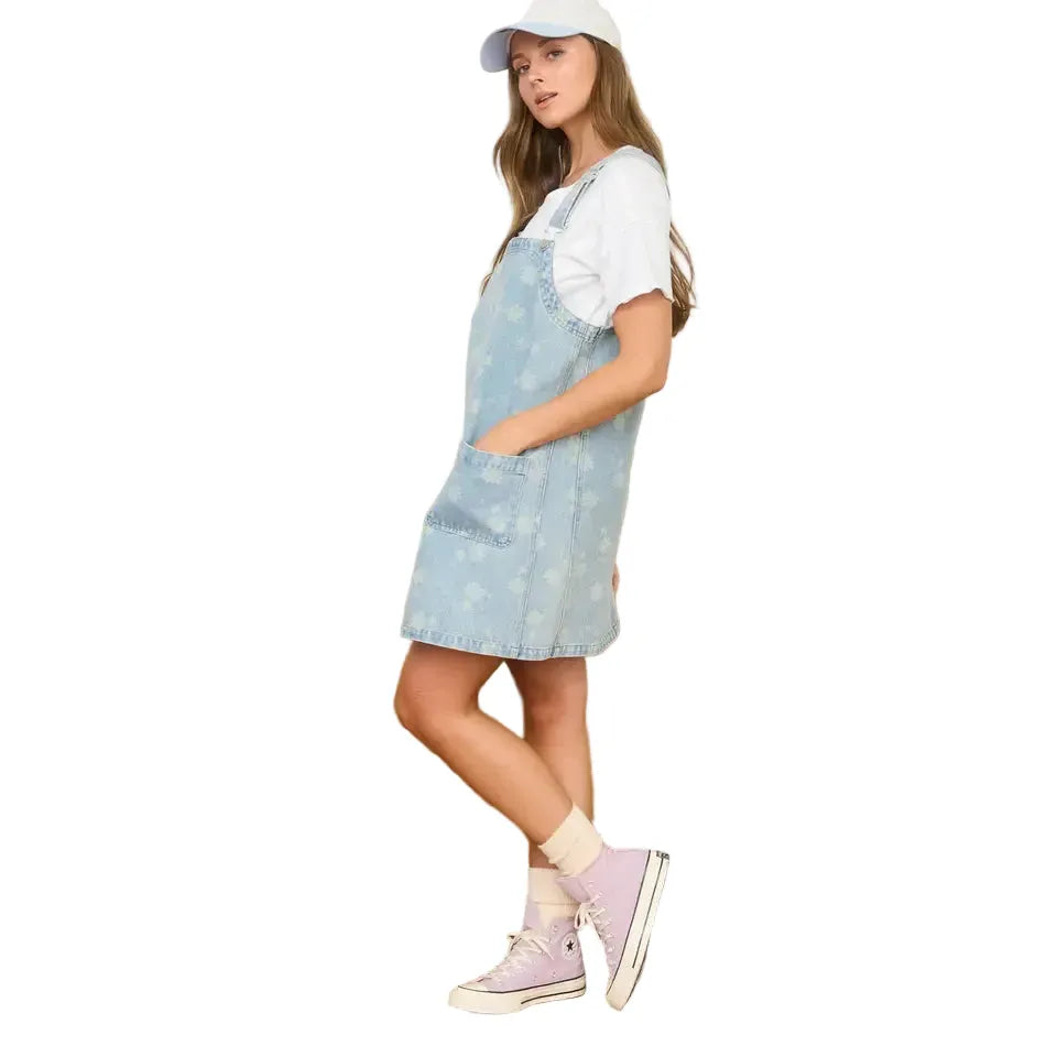 Women's Dandelion Washed Denim Overall Mini Dress TWS1190 L Women's Dandelion Washed Denim Overall Mini Dress TWS1190 L