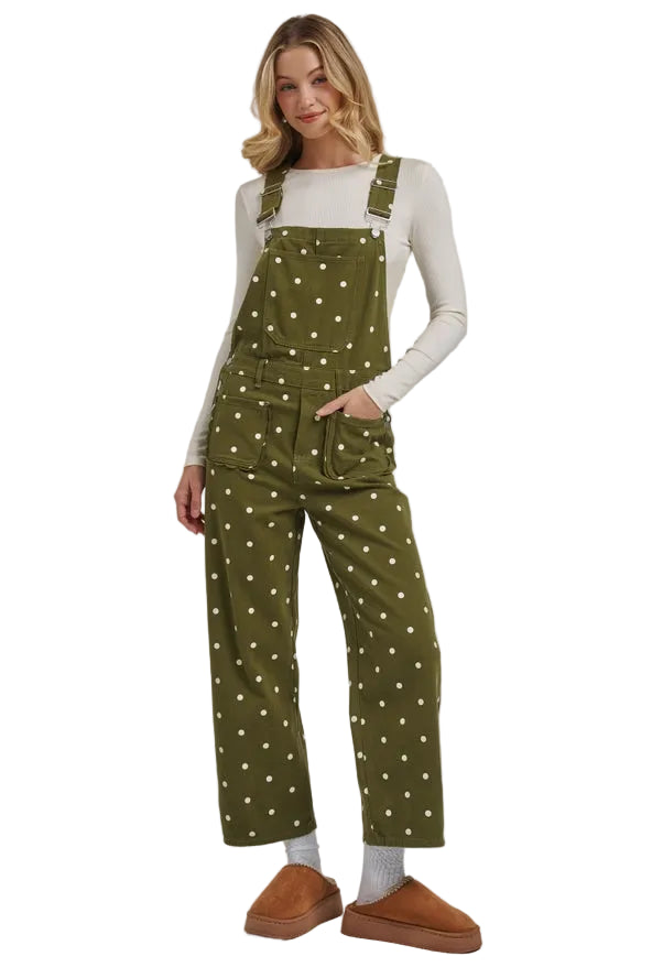 Women's Olive Green Polka Dot Jumpsuit with Scalloped Front 