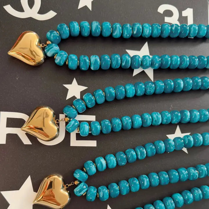 Women's Blue Resin Bead Necklace with Gold Heart Charm
