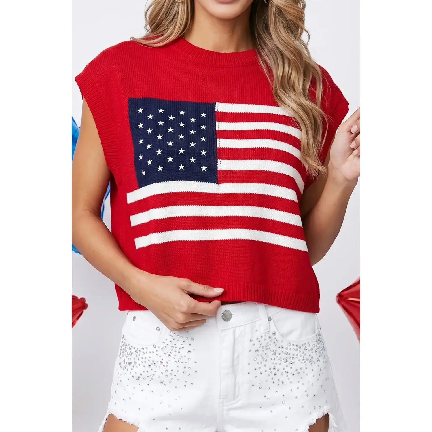 Women's Sleeveless 4TH of July Stars and Stripes Sweater Top 