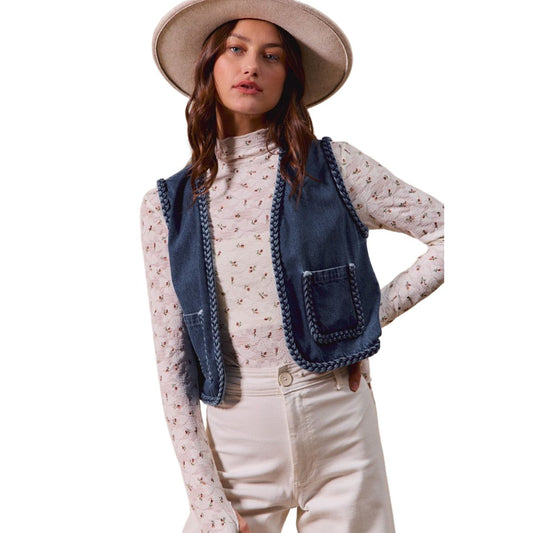 Women's Front Pockets Braided Trim Denim Vest ST3097E-01