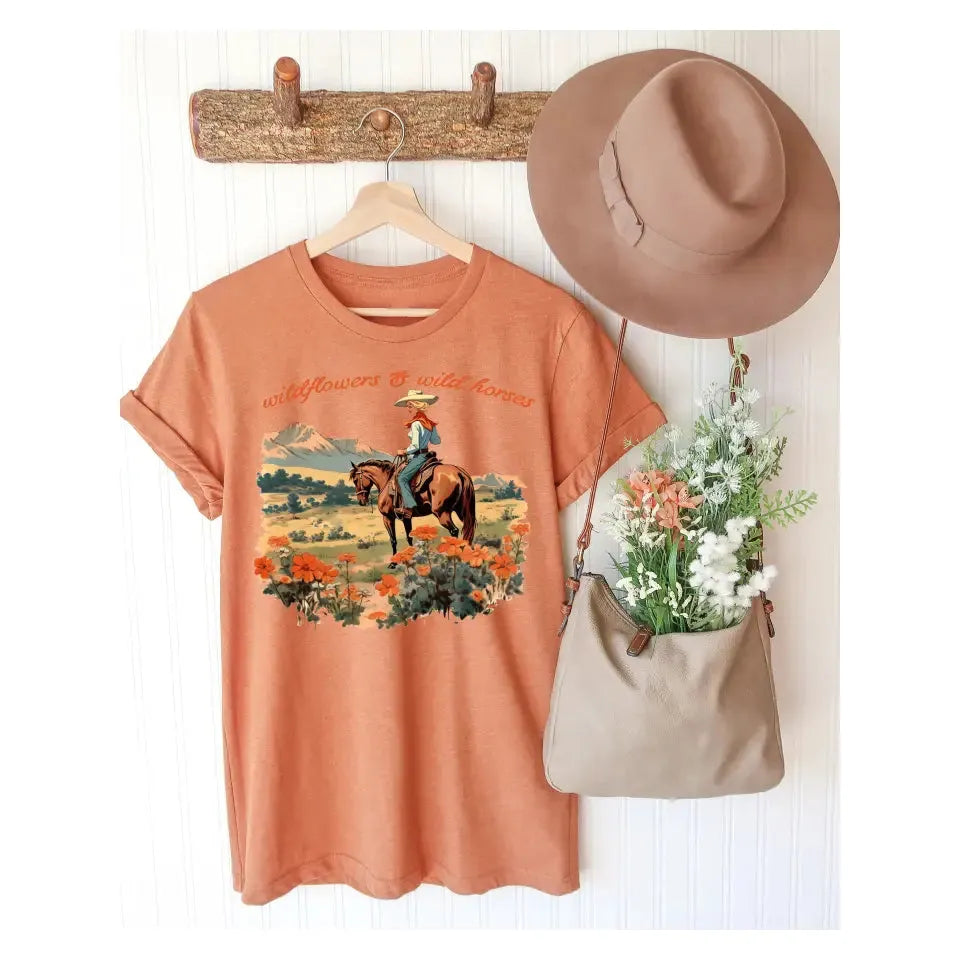 Women's "Wildflowers and Horses" Orange T-shirt - Crazy House Western Wear