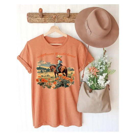Women's "Wildflowers and Horses" Orange T-shirt