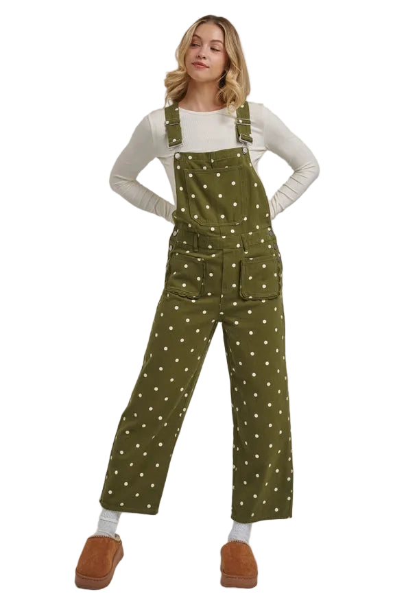 Women's Olive Green Polka Dot Jumpsuit with Scalloped Front 