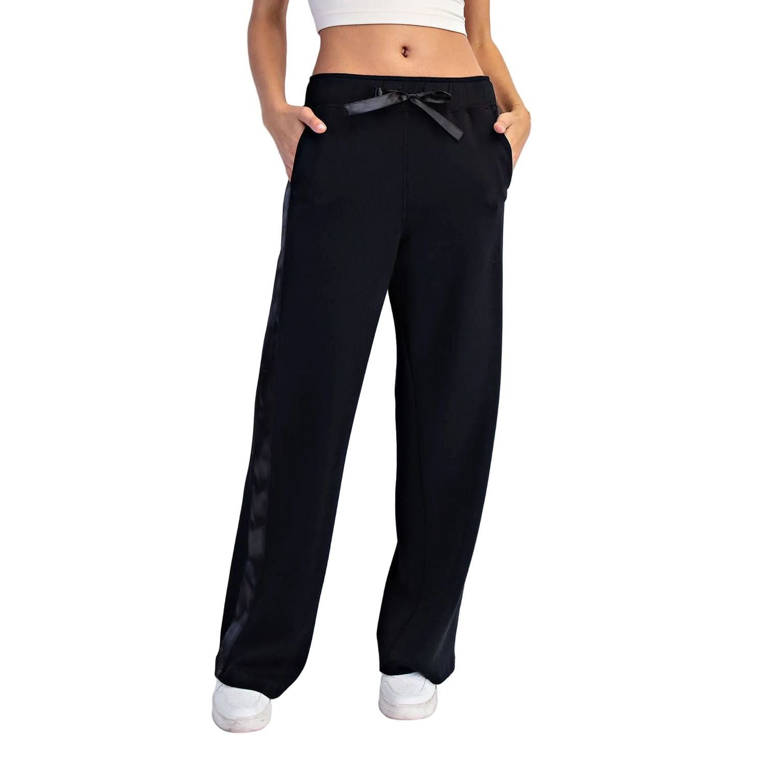 Women's Black Modal Scuba Luxe Satin Straight Pant P6412