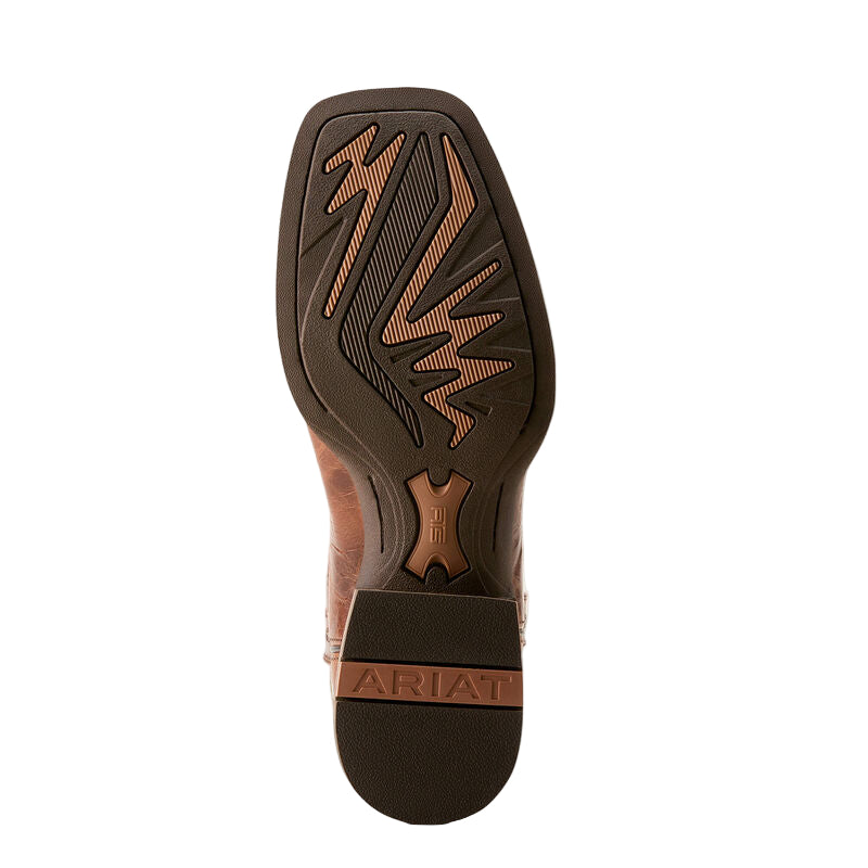 Close-up of a brown boot sole with Ariat branding on a beige background