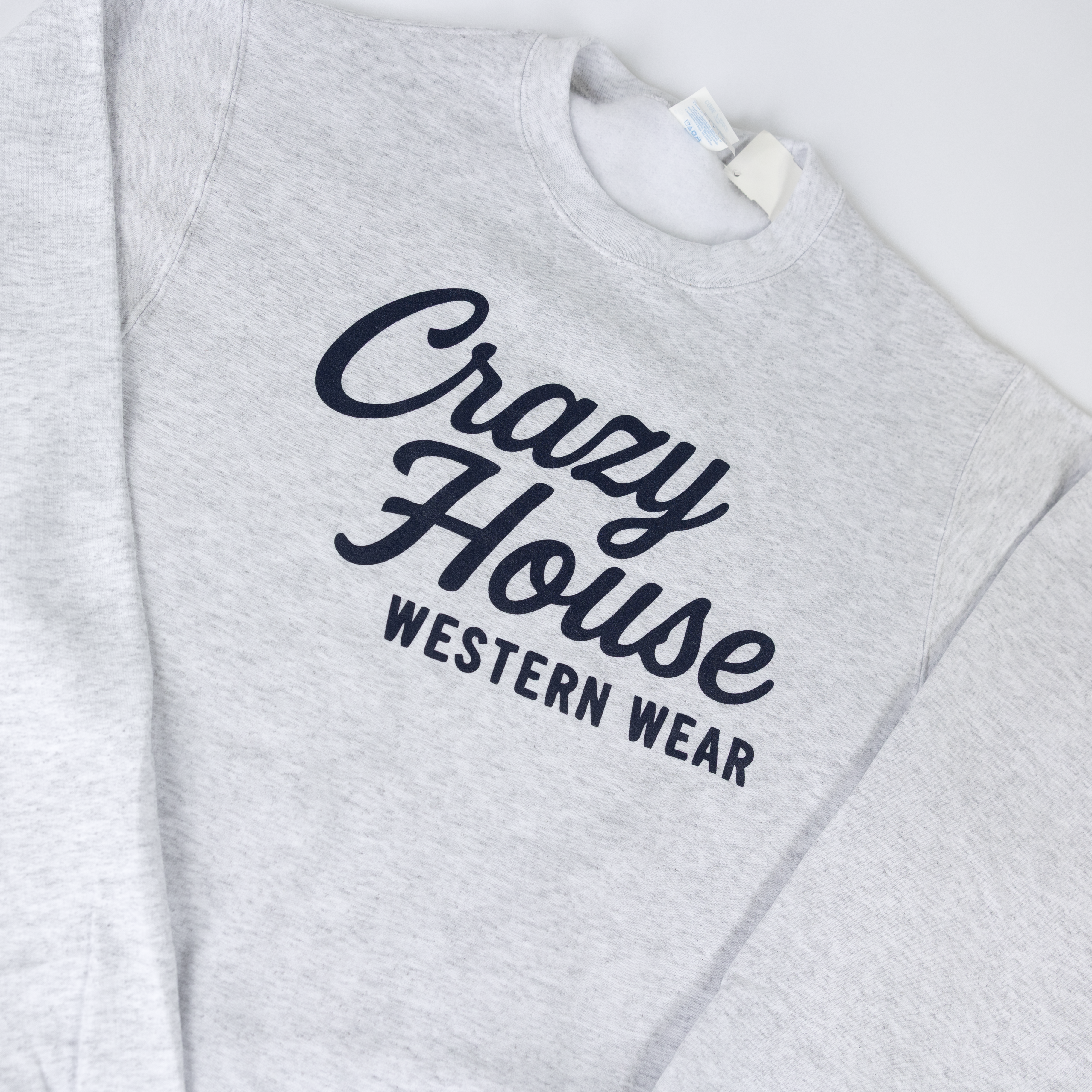 Crazy House Ash Gray Crewneck with Navy Print