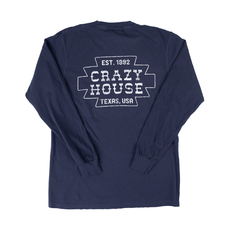 Crazy House Long Sleeve Shirt Navy with White Aztec Print