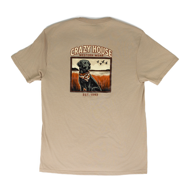 Crazy House Tan T-shirt with Lab in Frame