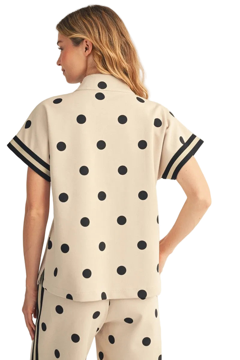 Jodifl Women's Oatmeal Front Zip Up Polka Dot Casual Top 