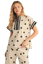 Jodifl Women's Oatmeal Front Zip Up Polka Dot Casual Top 