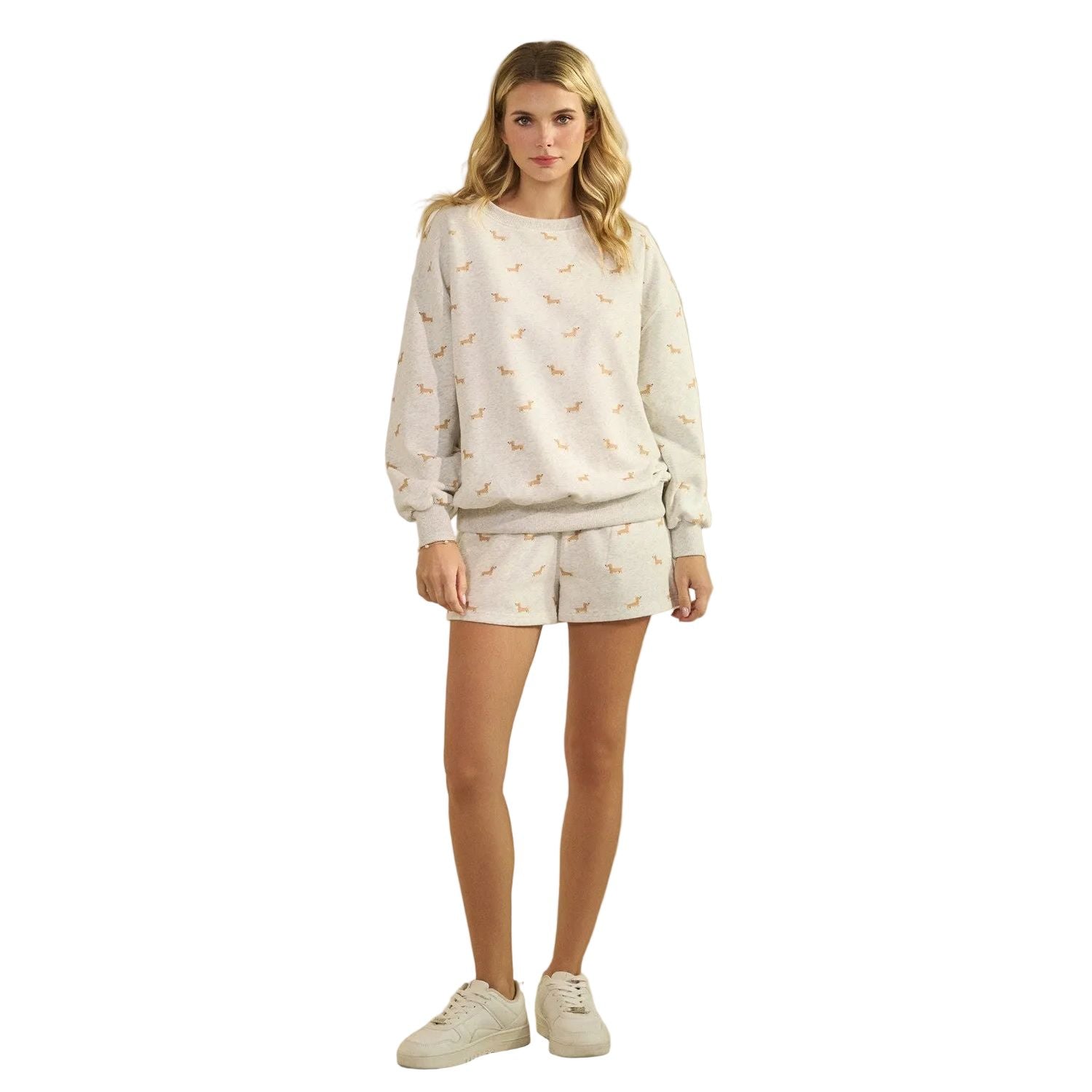 Women's Heather Gray All Over Dog Crew Neck Sweatshirt VT72688