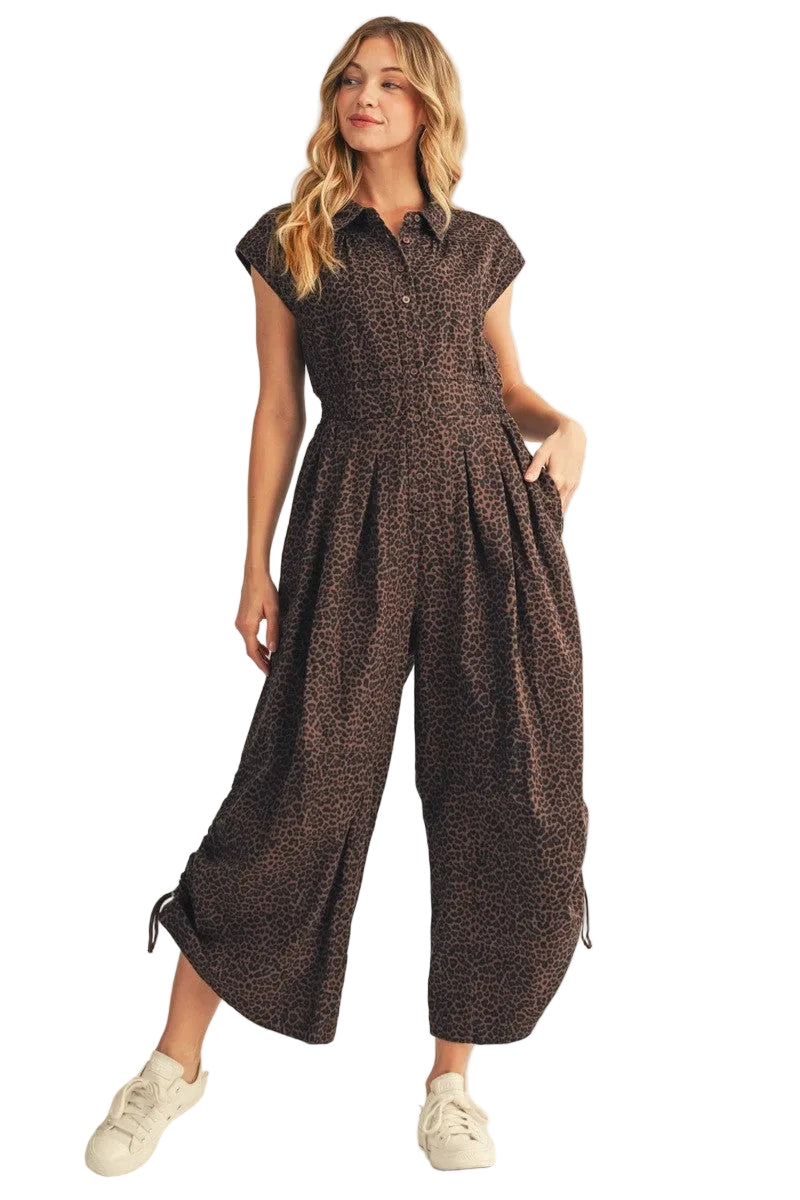 Jodifl Women's Mocha Drawstring Hemline Accent Wide Leg Leopard Jumpsuit 