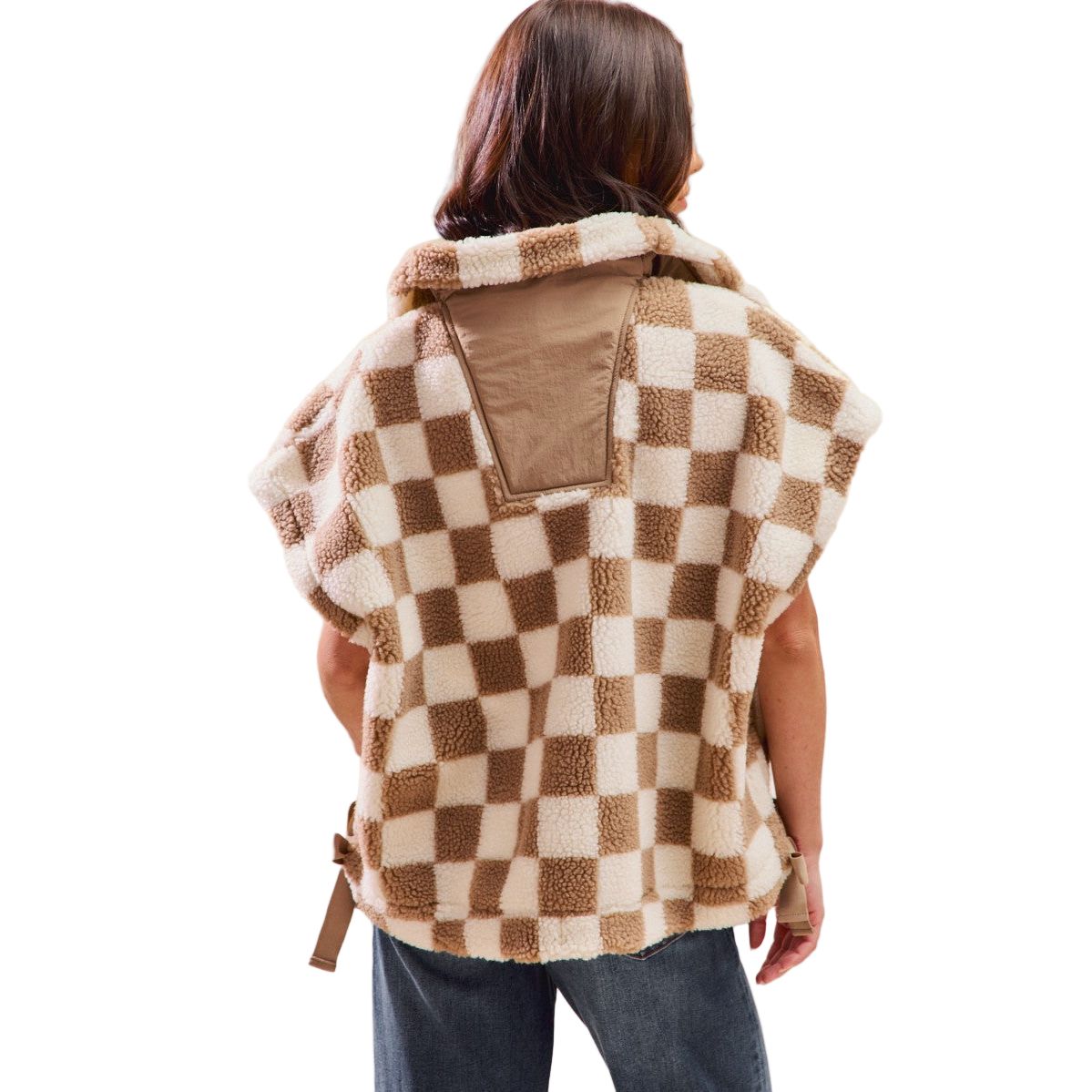 Women's Oversized Sherpa Fleece Checker Vest Jacket ST2049F