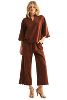 Jodifl Women's Brown Scallop Edge Detail Solid Top 
