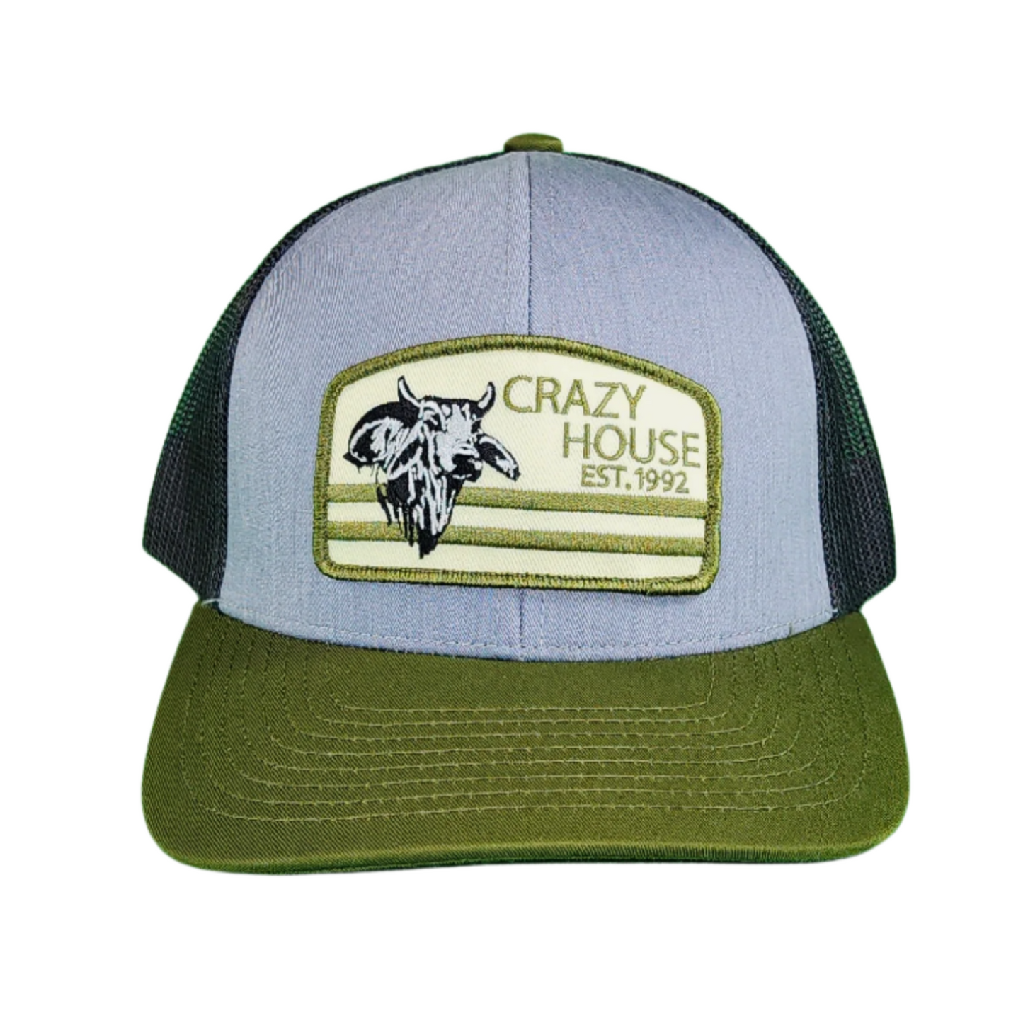 Gray and Olive Snapback with Green/White Bull Patch - Crazy House Western Wear