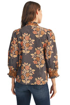 Jodifl Women's Mocha Embroidered Smocking Detail Floral Top 